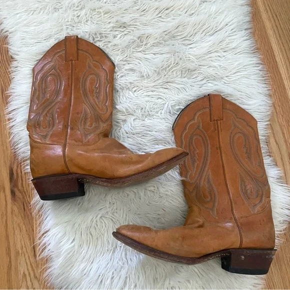 Justin Boots Tan Leather Cowboy Boots Western Size 10 M Tall Shaft - Picture 1 of 7